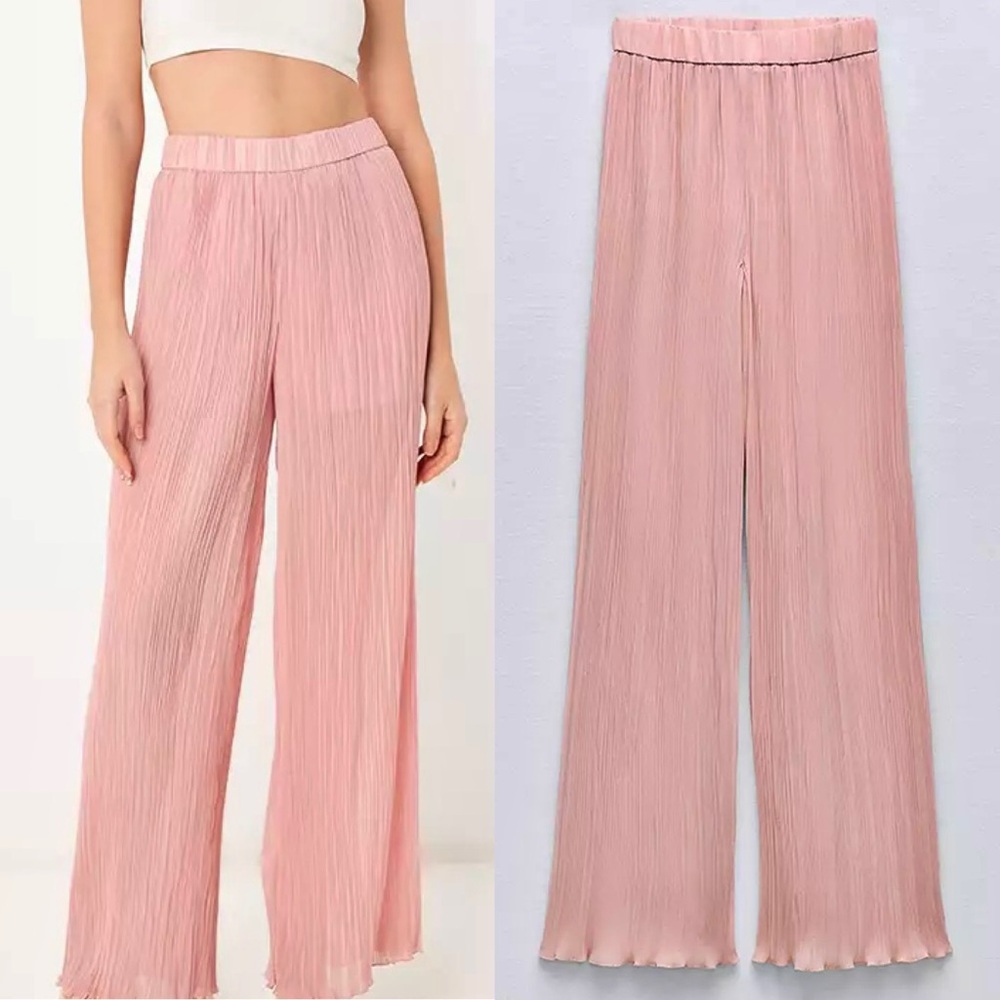 Zara NWT pink pleated plisse flowy summer elastic waistband pants - Picture 1 of 6
